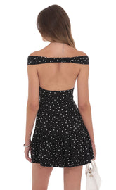 Polka Dot Off Shoulder Drop Waist Dress in Black